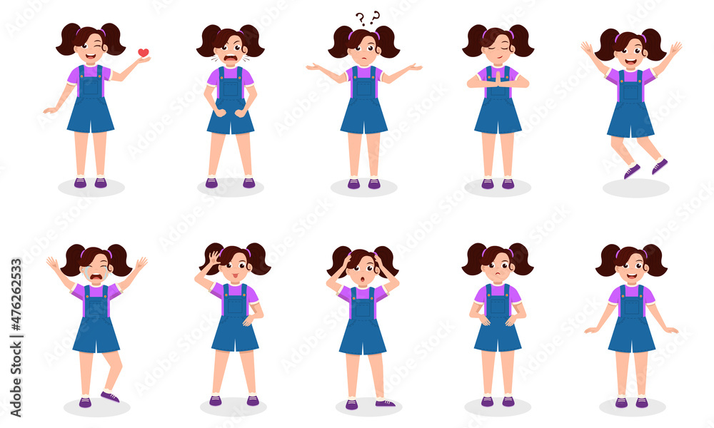 Little Girl Character Set. Kid child expression vector illustration set bundle