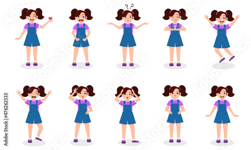 Little Girl Character Set. Kid child expression vector illustration set bundle