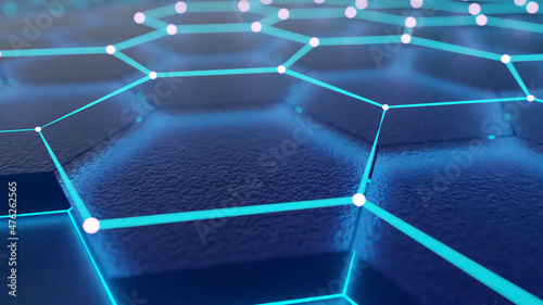 Blue Graphene forming on hexagon blue wafer grid (3D Rendering)