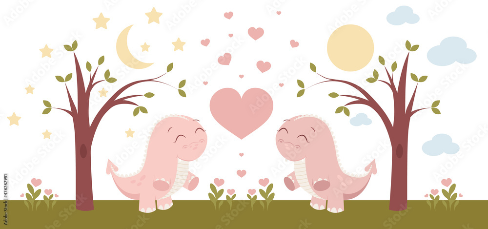 Princess dinosaur poster. Cute pink dino girls. Childish print for nursery, kids apparel, invitation, postcard. Vector illustration EPS10 Princess dinosaur poster. Cute pink dino girls. Childish print for nursery, kids apparel, invitation, postcard. Vector illustration EPS10