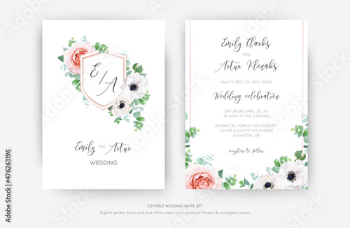 Vector, editable elegant wedding invite, floral invitation, save the date card template design. Watercolor pink garden roses, ivory white anemone flowers, eucalyptus branches, greenery, leaves bouquet