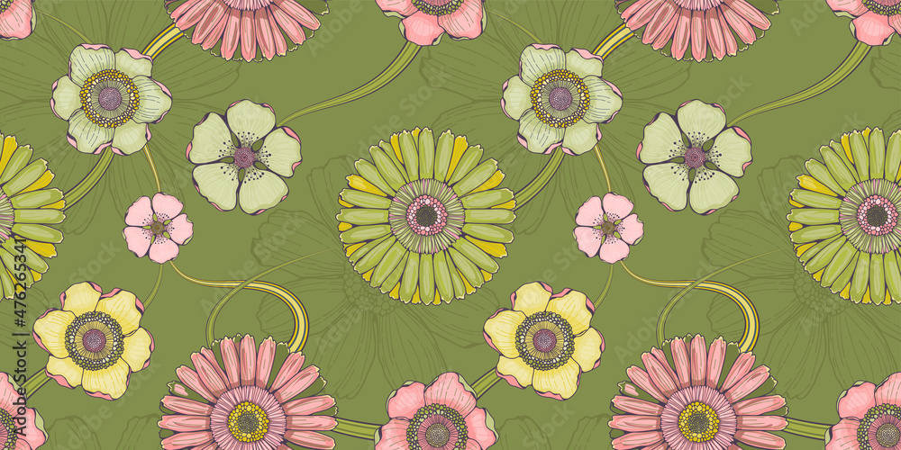 Fototapeta premium Floral green seamless pattern with gerberas and magnolias