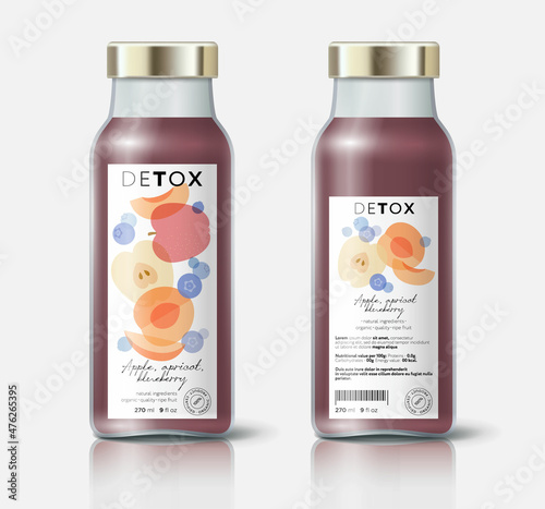 Fruit and berries detox. Apple, blueberry and apricot mix. Beautiful transparency whole and cut fruits. Bottle template with face and back labels.