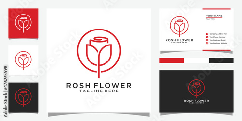 Roses flower mono line luxury logo with business card design