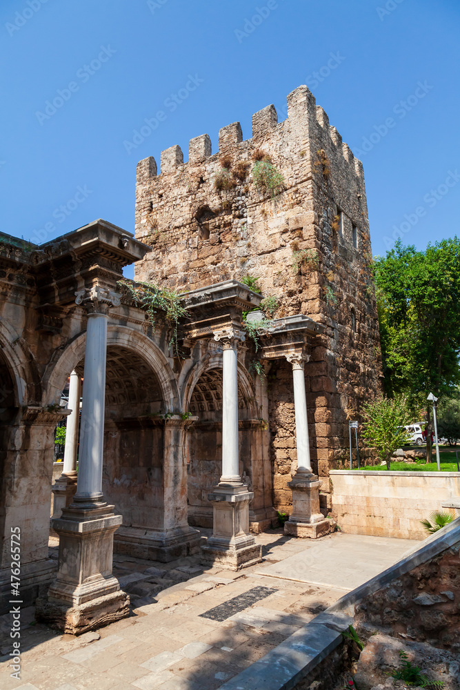 Famous tourist and archaeological site of Antalya is The Emperor Hadrian's gate in the old city. Travel destinations and vacation in Turkey