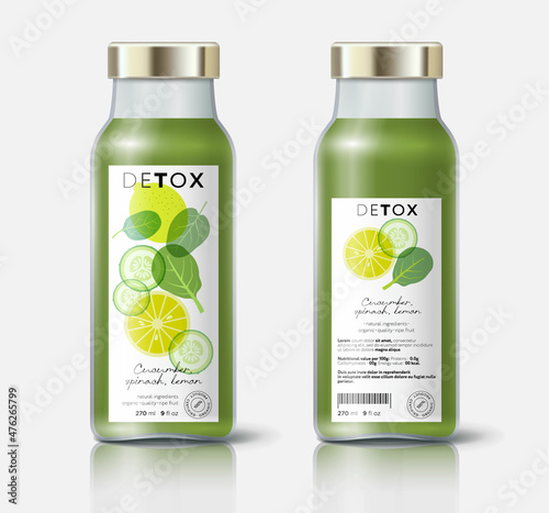 Herb and fruits detox. Cucumber, lemon, spinach, mix. Beautiful transparency whole and cut fruits. Bottle template with face and back labels.