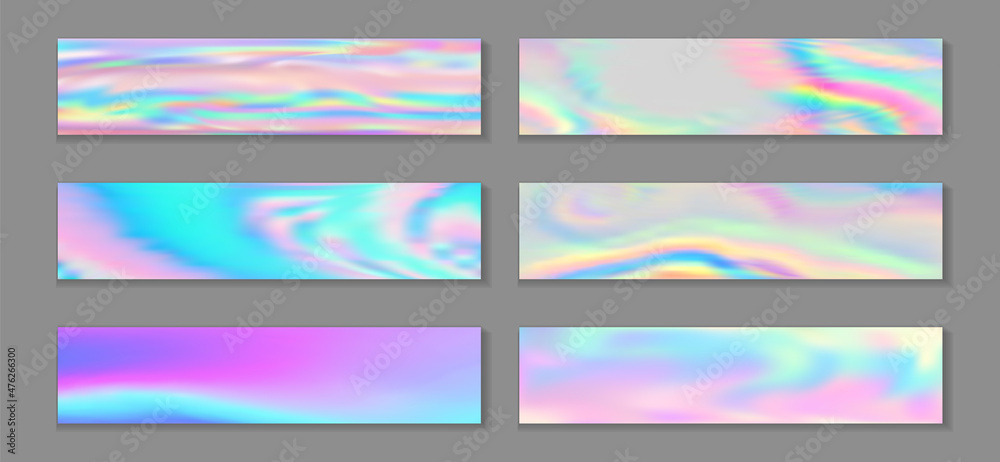 Neon holo blurred flyer horizontal fluid gradient princess backgrounds vector set. Pearlecent