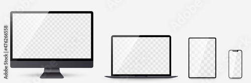 Realistic set computer, laptop, tablet and smartphone. Device screen mockup collection. Realistic mock up computer, laptop, tablet, phone with shadow- stock vector.
