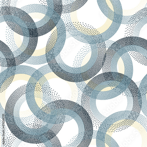 Circle ring shapes of dots contemporary vector seamless pattern.