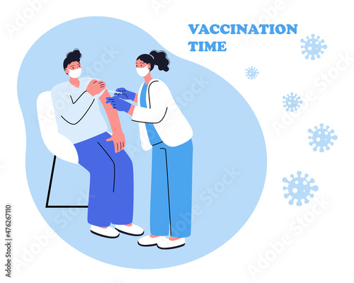 Vaccination against coronavirus. A man wearing a mask is vaccinated against Covid-19 at a hospital. The doctor injects the corona virus vaccine by giving the patient injections.