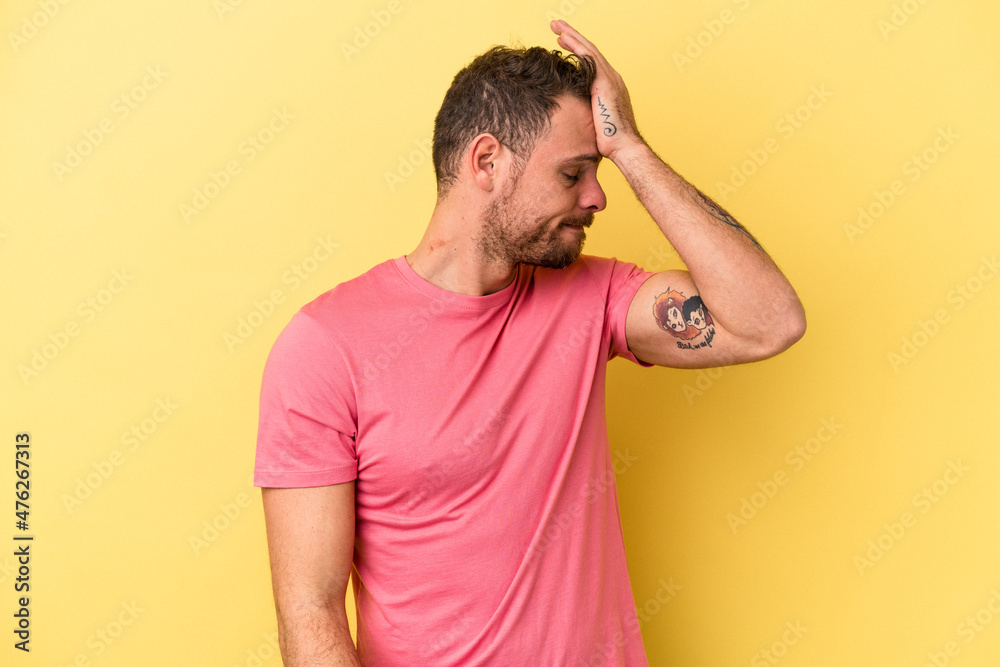Young caucasian man isolated on yellow background forgetting something, slapping forehead with palm and closing eyes. Young caucasian man isolated on yellow background forgetting something, slapping forehead with palm and closing eyes.