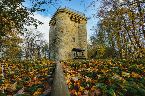 Fotografie, Obraz Colorful autumn day with the Bismarck Tower near Ballenstedt in Saxony-Anhalt, G