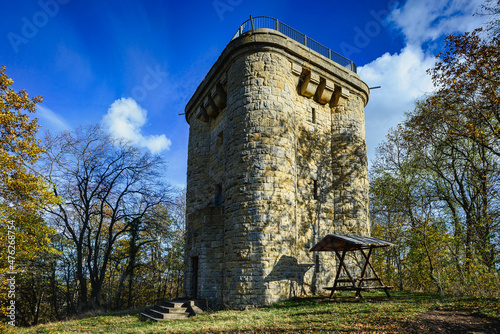 Obraz na plátně Bright autumnal day with the Bismarck Tower near Ballenstedt in Saxony-Anhalt su