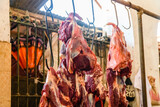 Pieces of fresh raw meat at the food market at Zanzibar