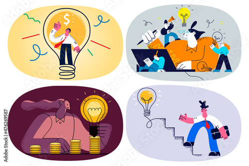 Set of businessperson involved in creative thinking developing ideas