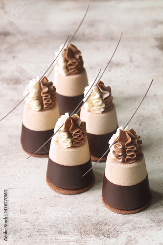 Obraz na plátně Contemporary Coffee Chocolate Mini Mousse Cakes, dipped in chocolate, garnished with whipped white and milk chocolate, and chocolate twigs, on light background
