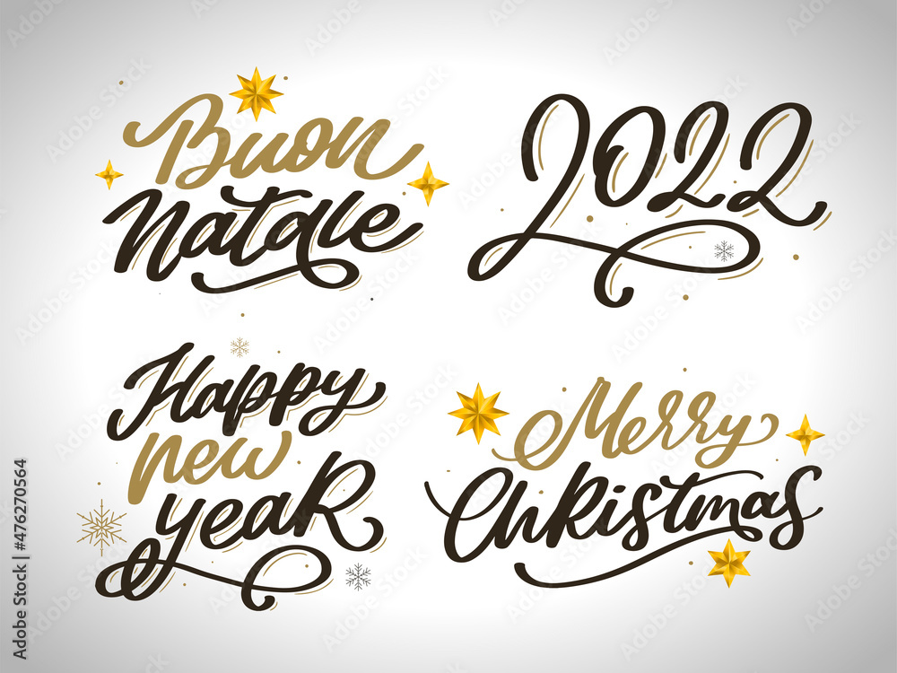 Merry Christmas New Year 2022 Lettering Calligraphy Design Set. Vector illustration