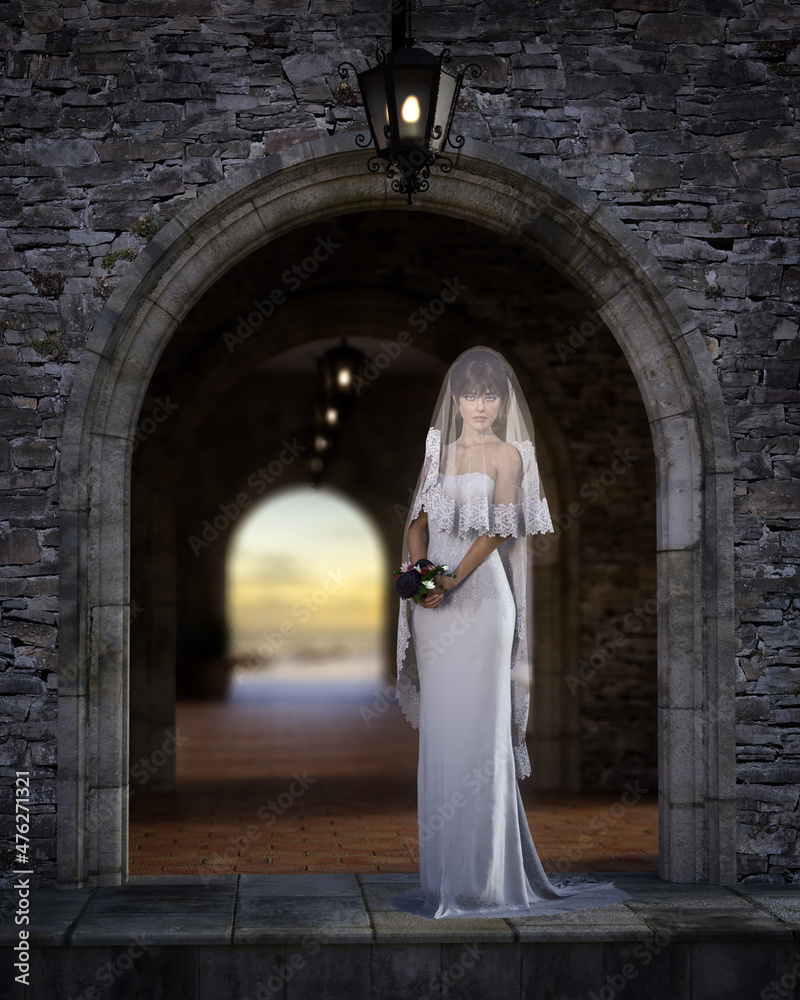 Bridal portrait of a beautiful young woman in wedding dress standing in front of a stone archway with sunset behind. Photo realistic 3D rendering.