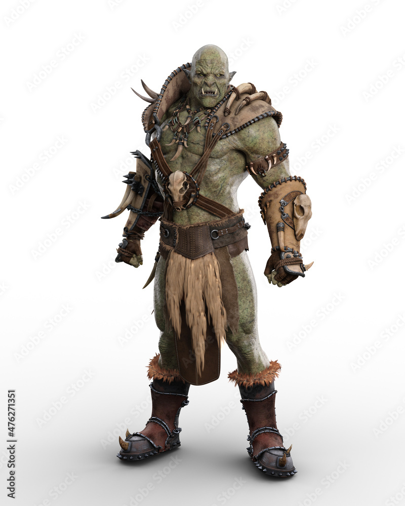 Savage mythical Orc brute standing with aggressive pose and expression in barbarian armour. 3D rendering isolated on white. Savage mythical Orc brute standing with aggressive pose and expression in barbarian armour. 3D rendering isolated on white.