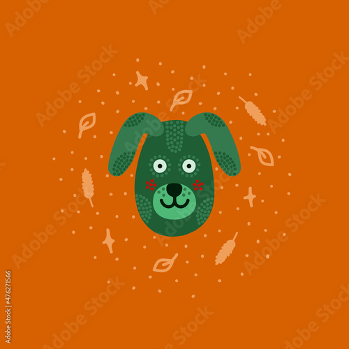 Head with expression of emotions of a funny dog in cartoon style isolated on a colored background. photo