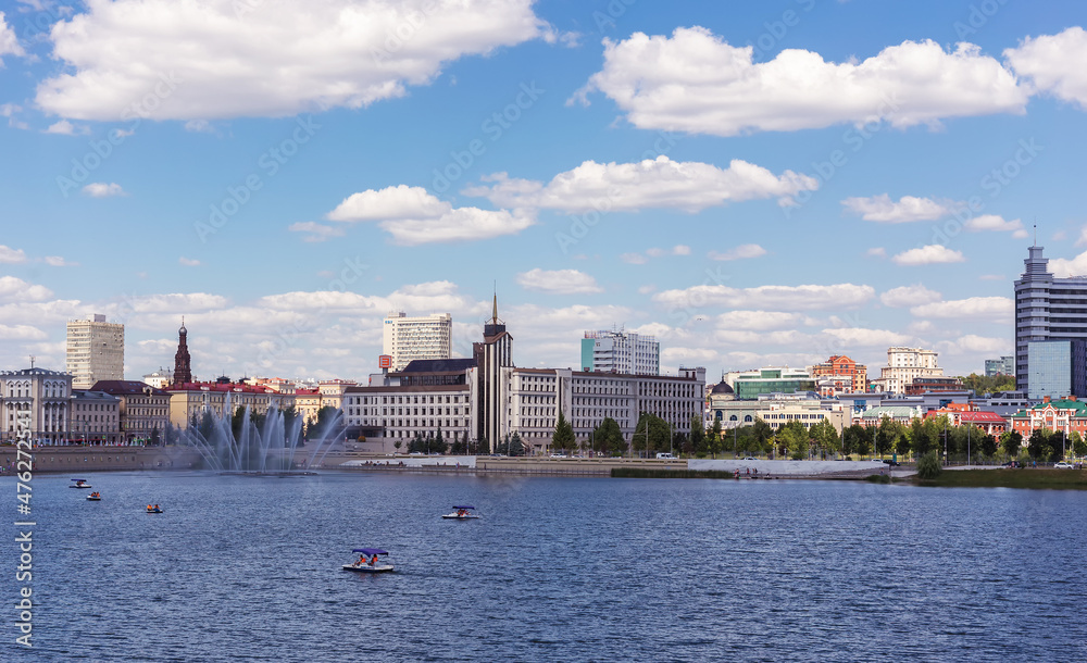 Kazan, Russia. View of Lake Kaban and city modern buildings