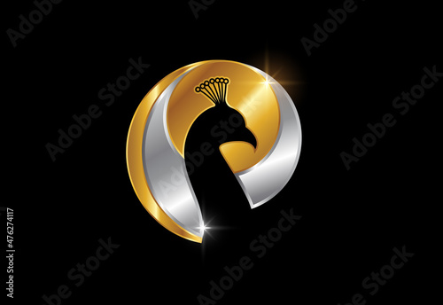 Peacock head logo sign symbol in the metal circle