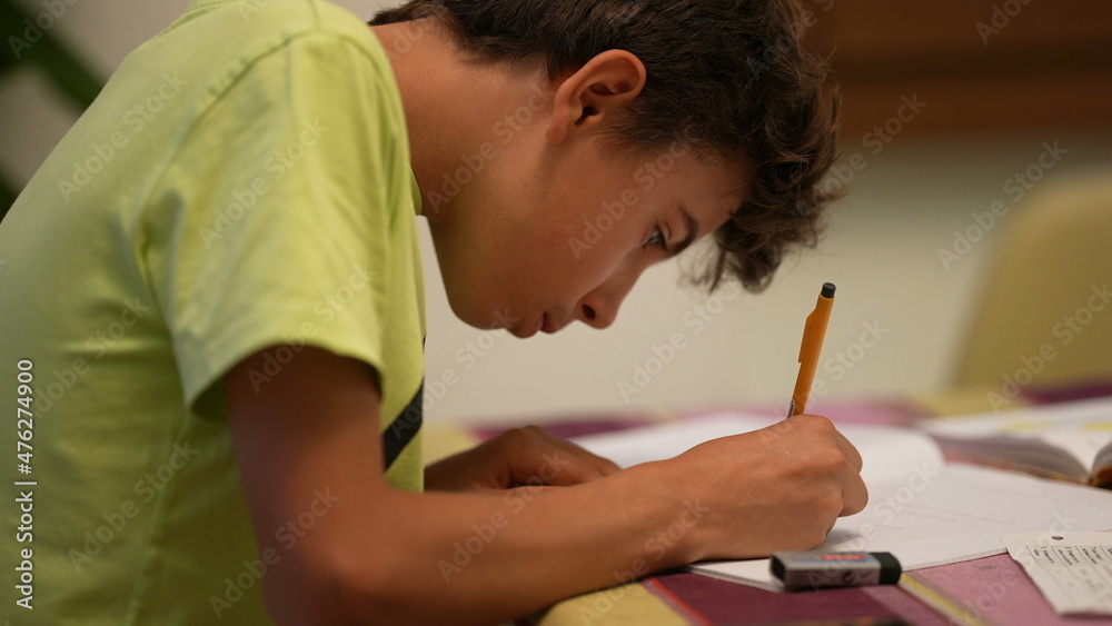 Adolescent kid doing homework studying at home, young boy studies Adolescent kid doing homework studying at home, young boy studies