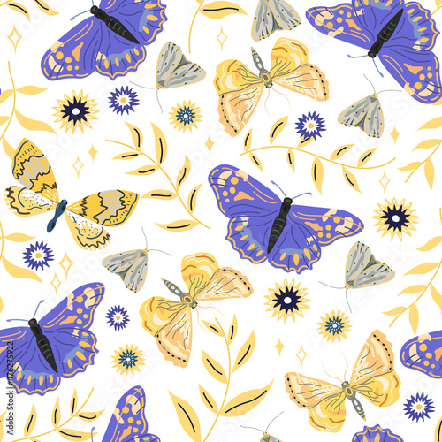 Beautiful seamless vintage pattern with butterflies on white background