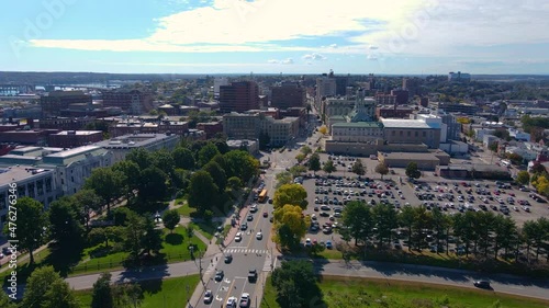 Aerial view of Portland historic downtown skyline on Congress Street, viewed from Munjoy Hill, Portland, Maine ME, USA.  photo