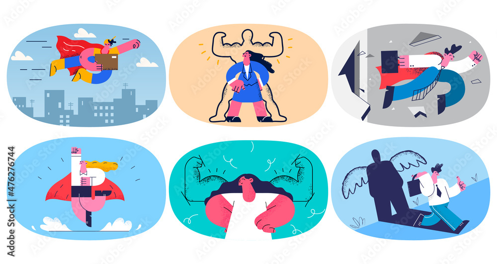 Set of workers as superheroes show leadership 