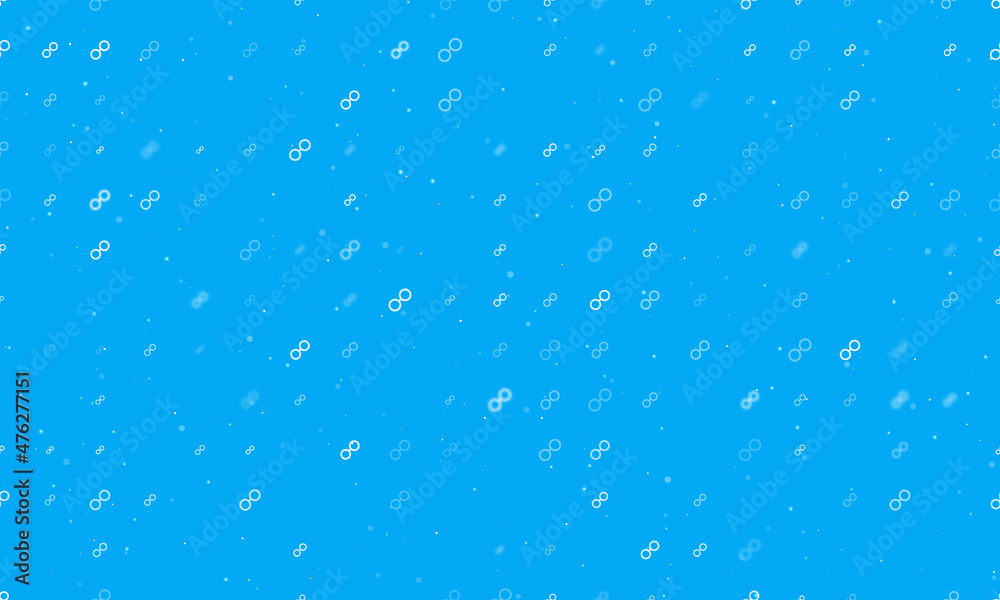 Seamless background pattern of evenly spaced white astrological opposition symbols of different sizes and opacity. Vector illustration on light blue background with stars