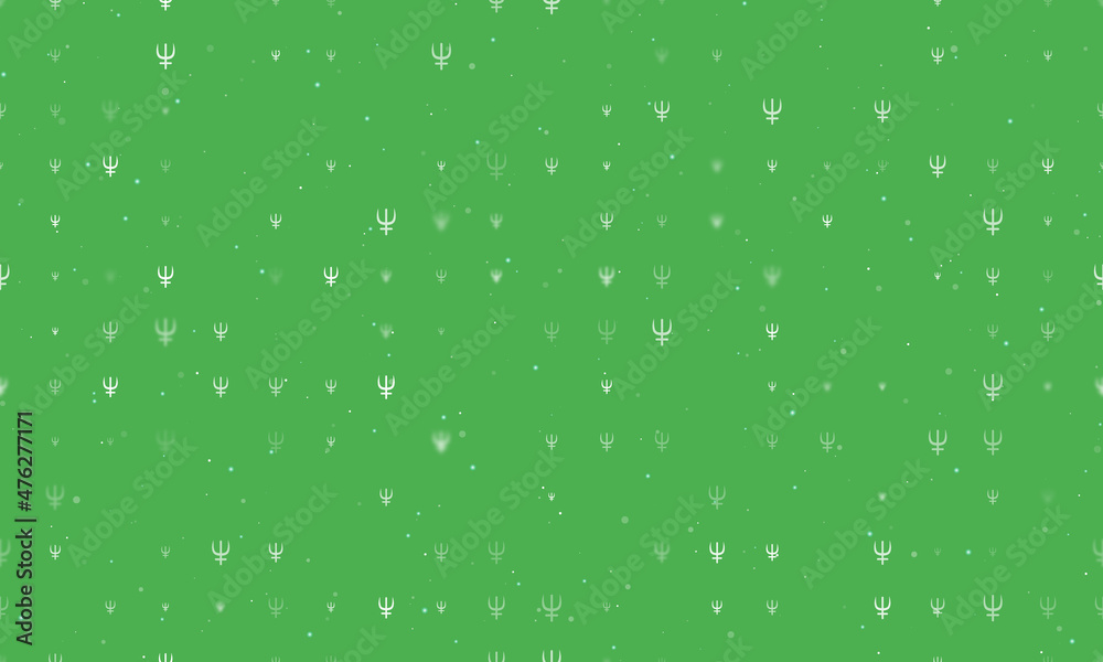 Seamless background pattern of evenly spaced white astrological neptune symbols of different sizes and opacity. Vector illustration on green background with stars
