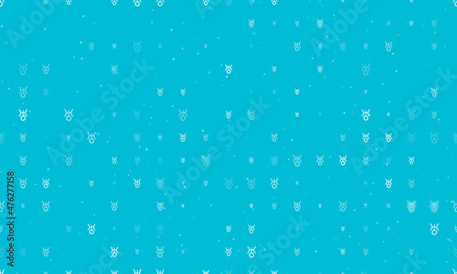 Seamless background pattern of evenly spaced white astrological uranus symbols of different sizes and opacity. Vector illustration on cyan background with stars