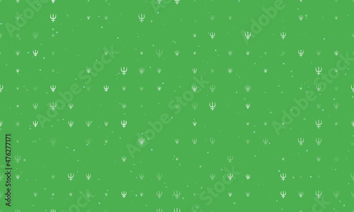 Seamless background pattern of evenly spaced white astrological neptune symbols of different sizes and opacity. Vector illustration on green background with stars