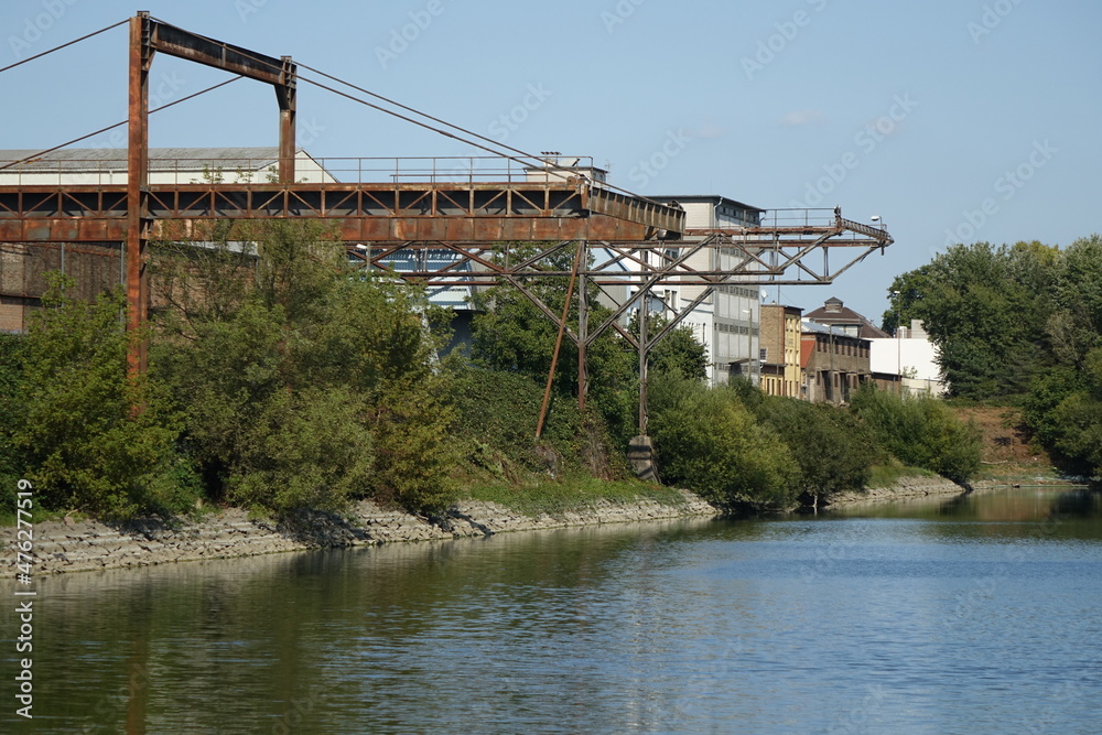 Old buildings and rustic framework structure in Mannheim Bonadieshafen harbour, Mannheim, Baden Wurttemberg, Germany