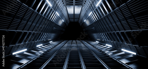 Sci Fi Futuristic Metal Steel Alien Spaceship Tunnel Hangar Structure Triangle Shaped Corridor Dark Realistic Glossy Basement Hyper Space Background Warehouse 3D Rendering