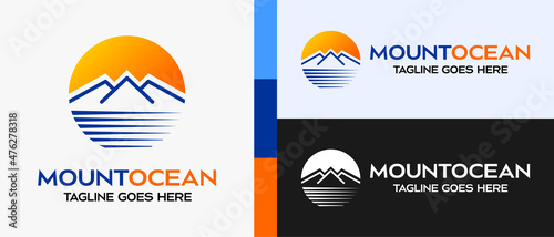 Tela Mountains design logo template over lake, beach or sea with moon or sun in circle