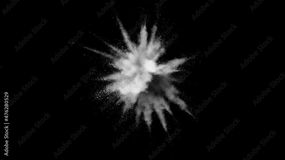 Super slow motion of white powder explosion isolated on black background. Filmed on high speed cinema camera, 1000fps. Super slow motion of white powder explosion isolated on black background. Filmed on high speed cinema camera, 1000fps.