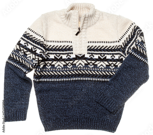 Comfortable and warm children's knitted Scandinavian style zip collar wool sweater of traditional design with Norwegian knitted rose pattern (Selburose) isolated on a white background