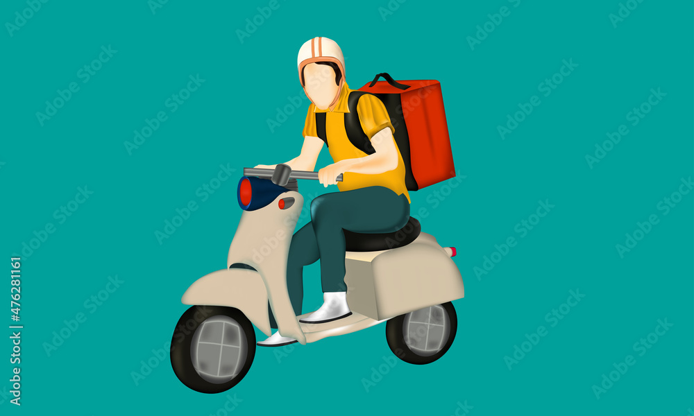 Fast delivery. The guy on the bike in a hurry to deliver the order. Delivery guy on scooter, flat style illustration