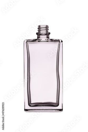Empty open perfume bottle of rectangular shape with edges. Isolated on a white background, close-up
