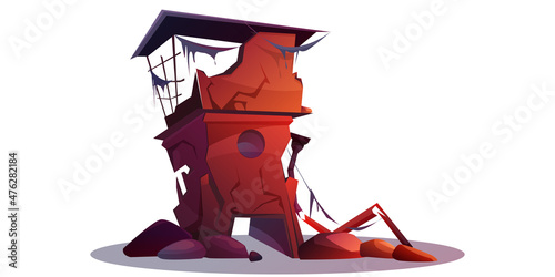Destroyed building after natural disaster or war. Abandoned broken city house cartoon isolated vector illustration. Damaged structure or derelict town ruins after cataclysm, earthquake or explosion.