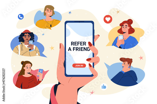 Refer a friend concept. Flat hand hold phone to invite friends for community or social media group and earn rewards, money bonus. Online referral program. Teenagers in speech bubbles follow and join.