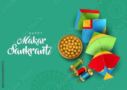 Indian festival Happy Makar Sankranti poster design with group of colorful kites flying. vector illustration design.