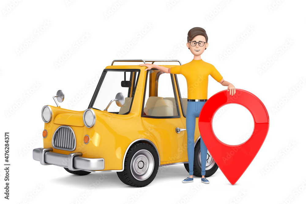 Cartoon Character Person Near Yellow Cartoon Toy Car with Map Pointer Pin. 3d Rendering