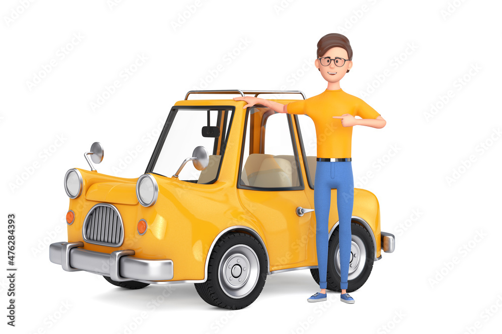 Cartoon Character Person Near Yellow Cartoon Toy Car. 3d Rendering