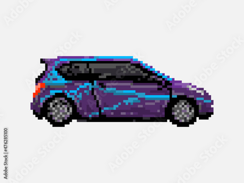 Illustration of compact purple street race car in pixel art style