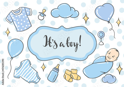 Happy Birthday greeting and invitation card. Holiday baby boy shower celebration symbols.