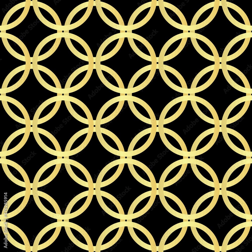 Fototapeta premium Gold line circles, seamless pattern on the black background. Vector illustration. Wrapping paper.