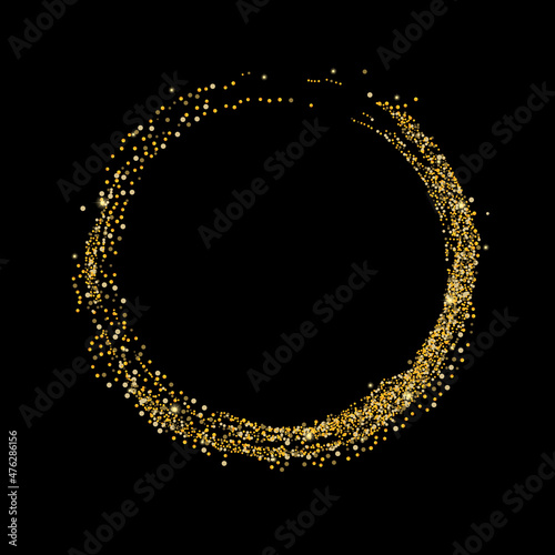 Gold glitter confetti on a black background. Scattered in a circle are shiny particles, sand. Decorative element, golden zen. Luxury background for your design, postcard, vector